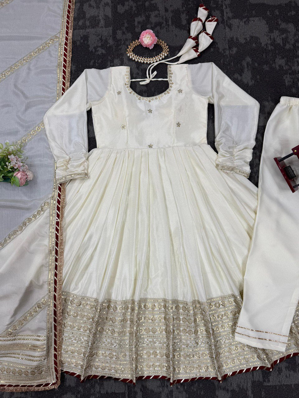Chinnon silk gown pant with dupatta sets
