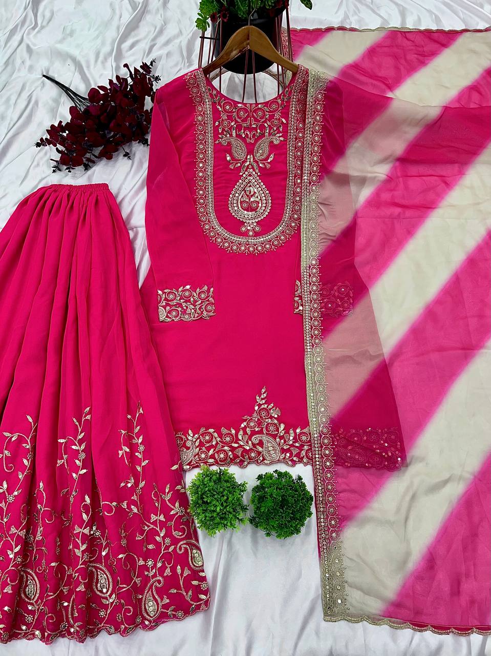 Women's designer faux georgette kurta sets with organza dupatta