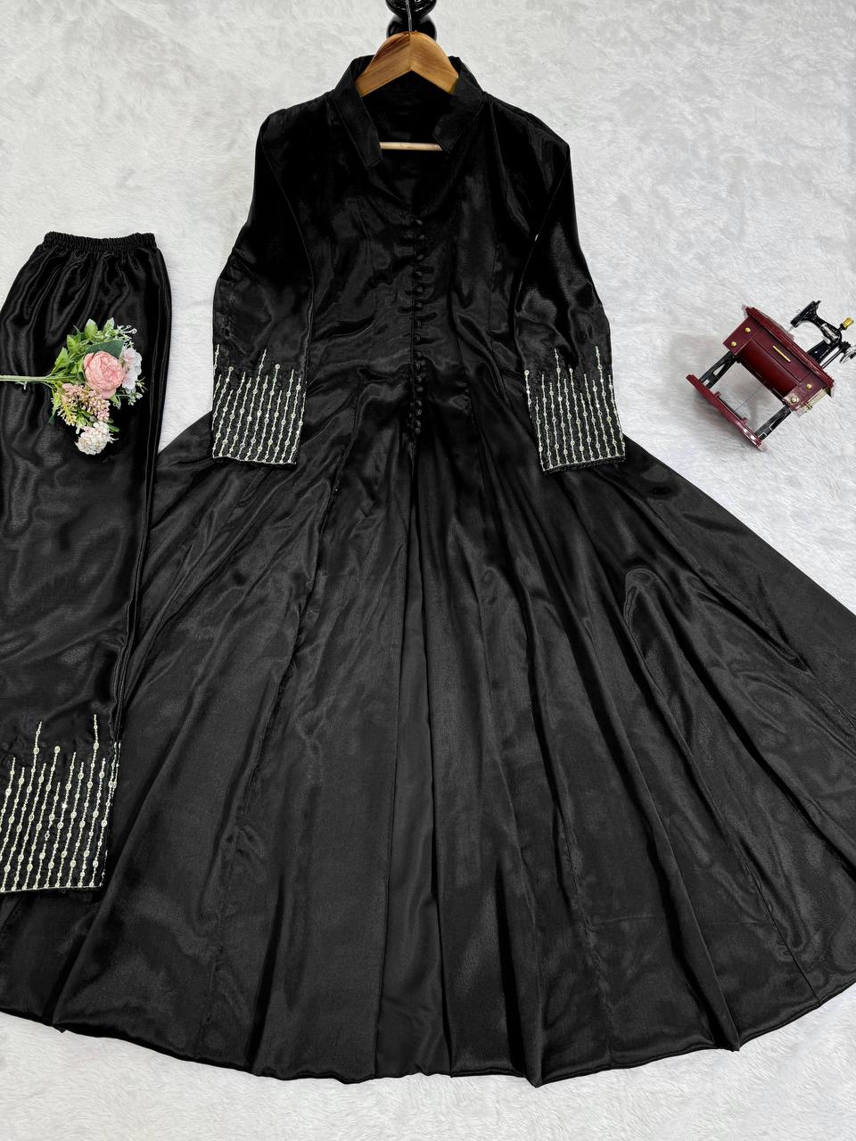 Thread work front cut silk fabric kurta pent sets