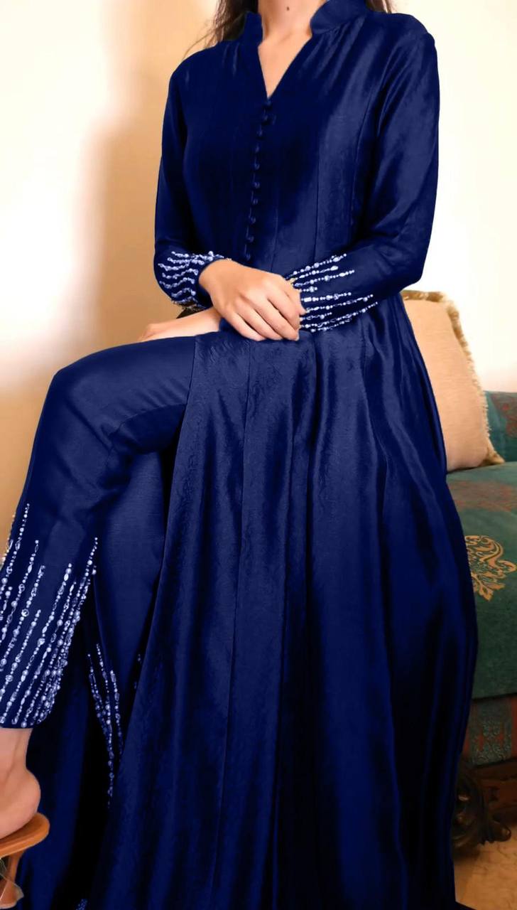 Thread work front cut silk fabric kurta pent sets