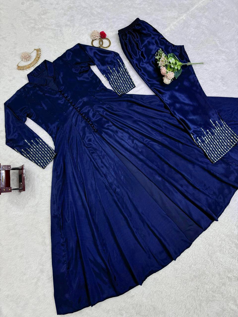 Thread work front cut silk fabric kurta pent sets
