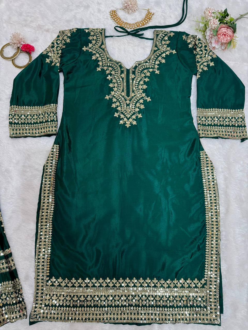 Heavy embroidered chinnon silk kurta sharara with net dupatta sets