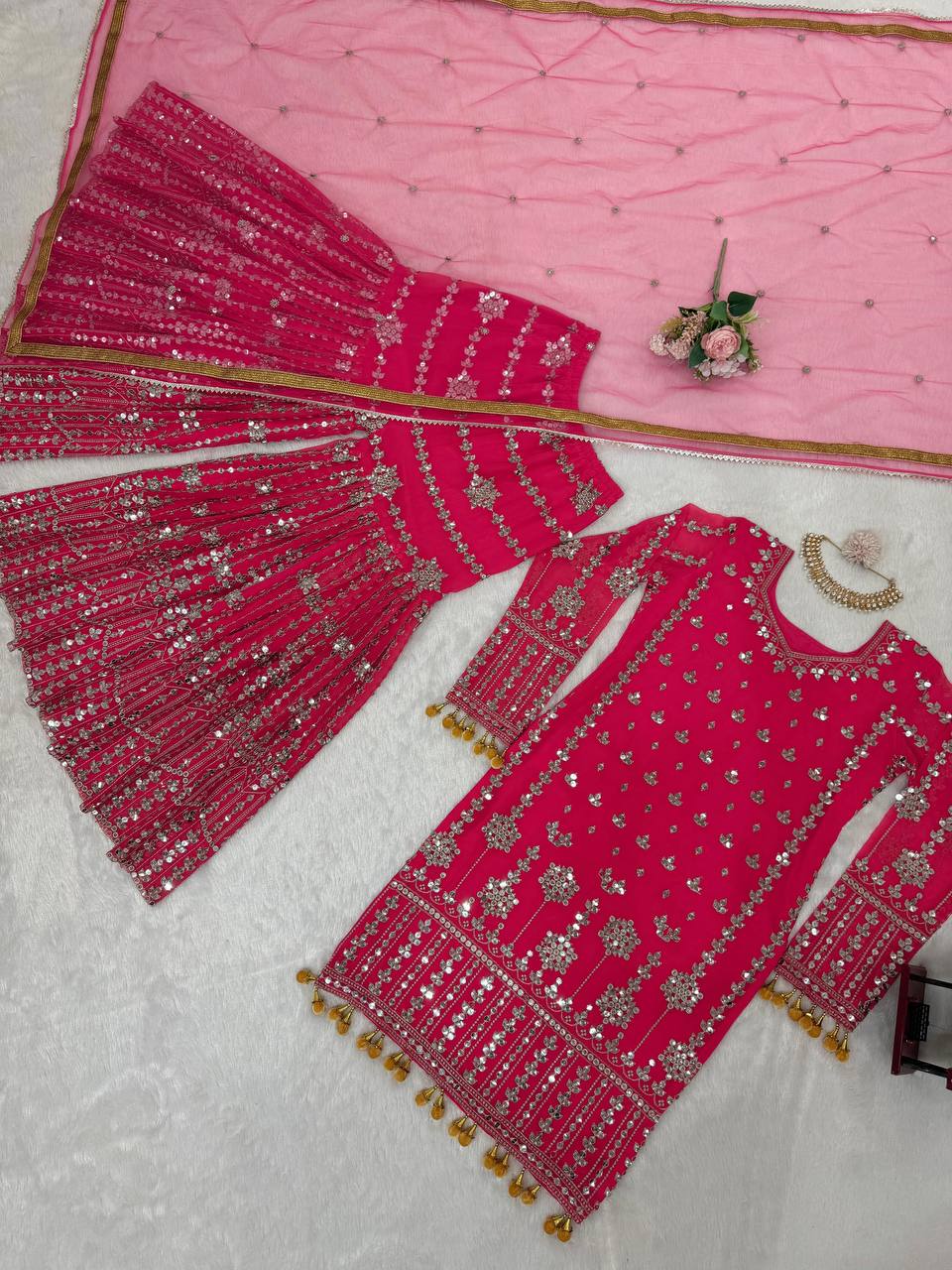 wedding special Heavy sequence work georgette kurta sharara with dupatta sets