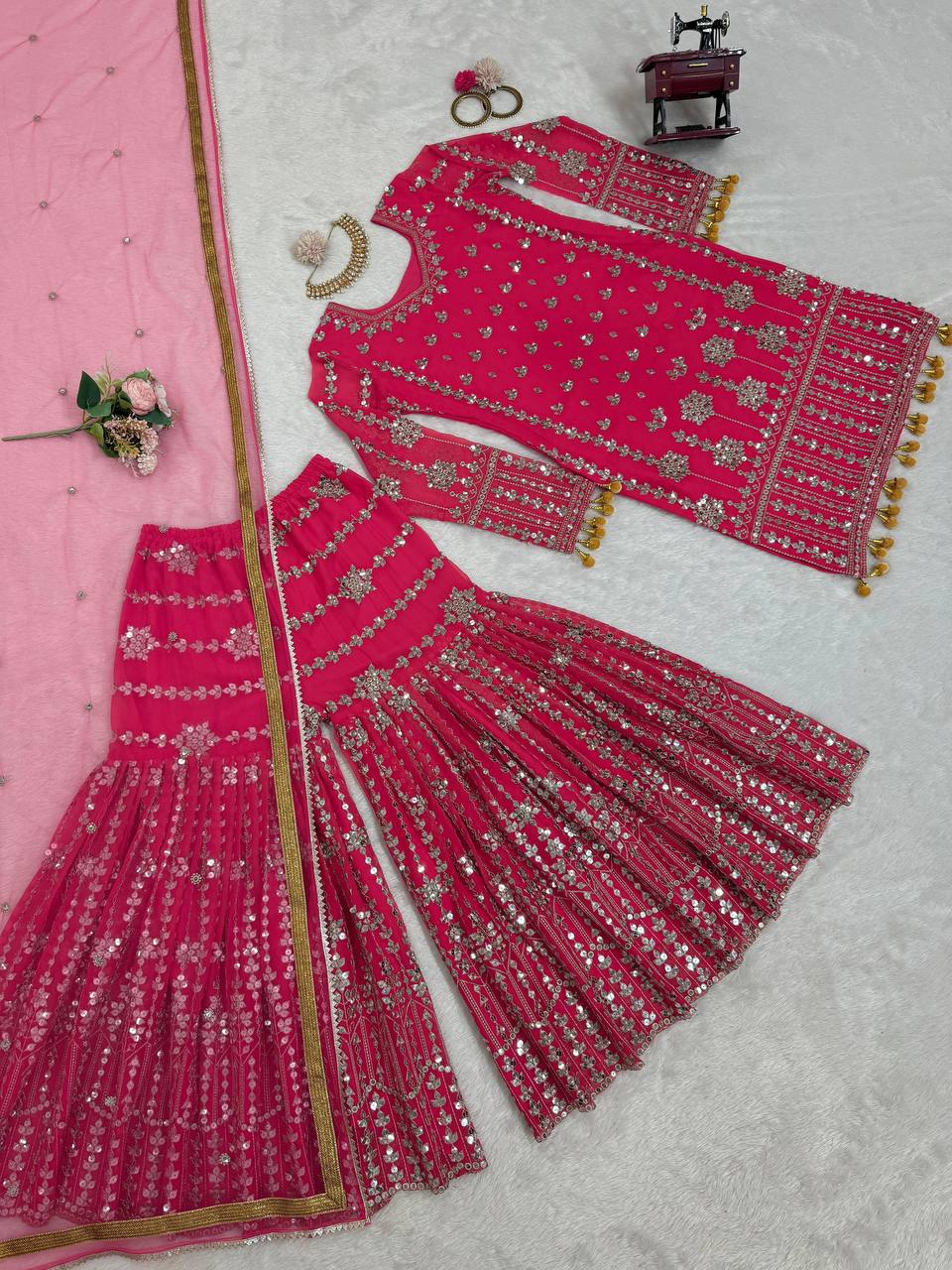 wedding special Heavy sequence work georgette kurta sharara with dupatta sets