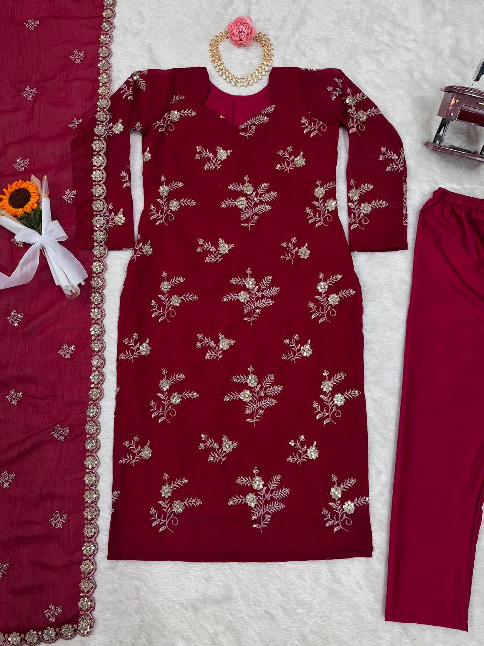 Women's designer Crunchy Silk thread and handwork kurta sets