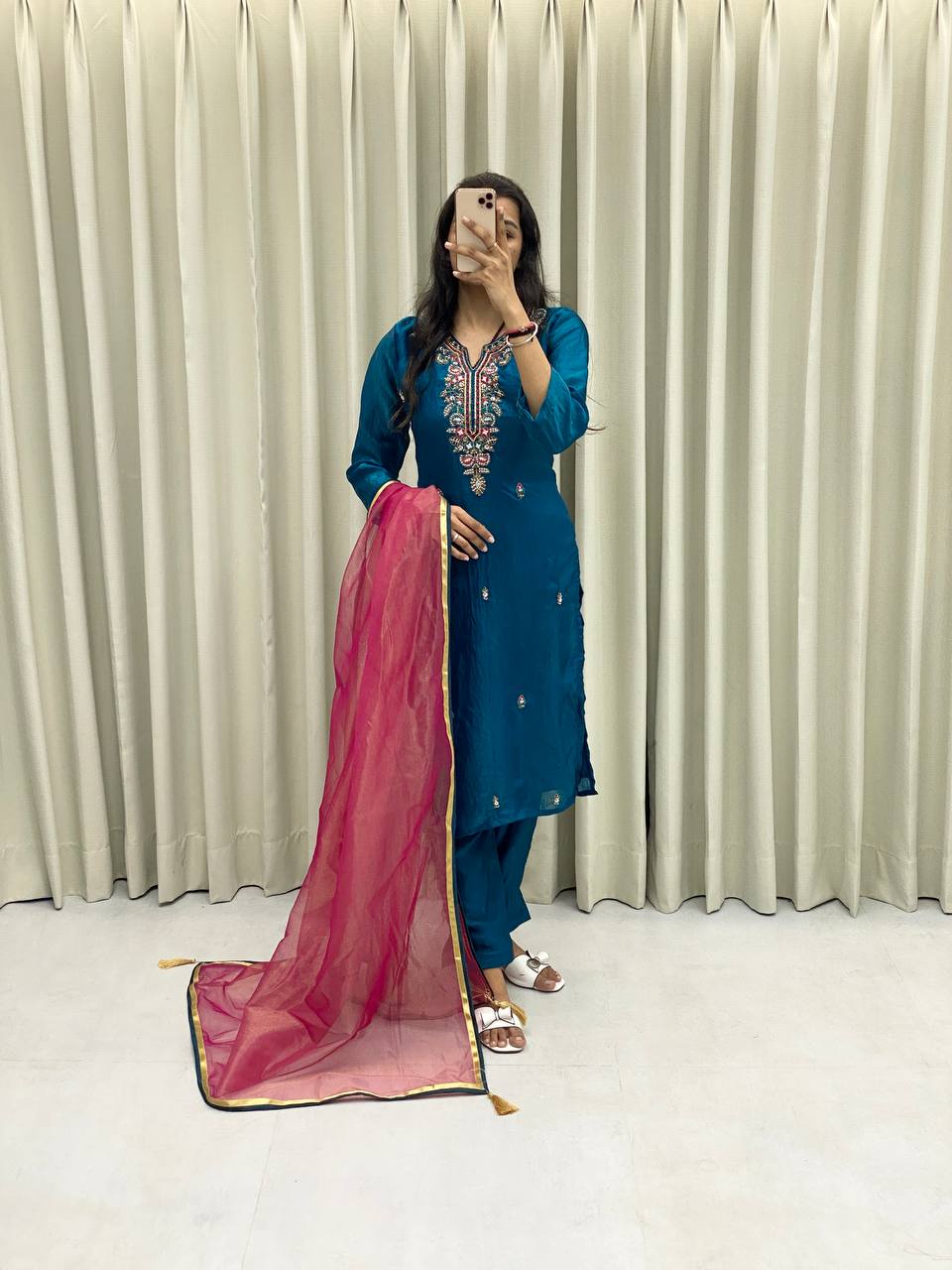 Silk kurta pant with net dupatta sets