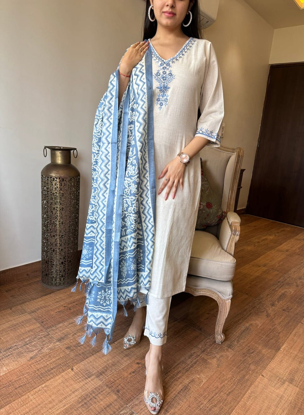 Women's Cotton Embroiderd Straight Kurti with Pant and Printed Dupatta Set