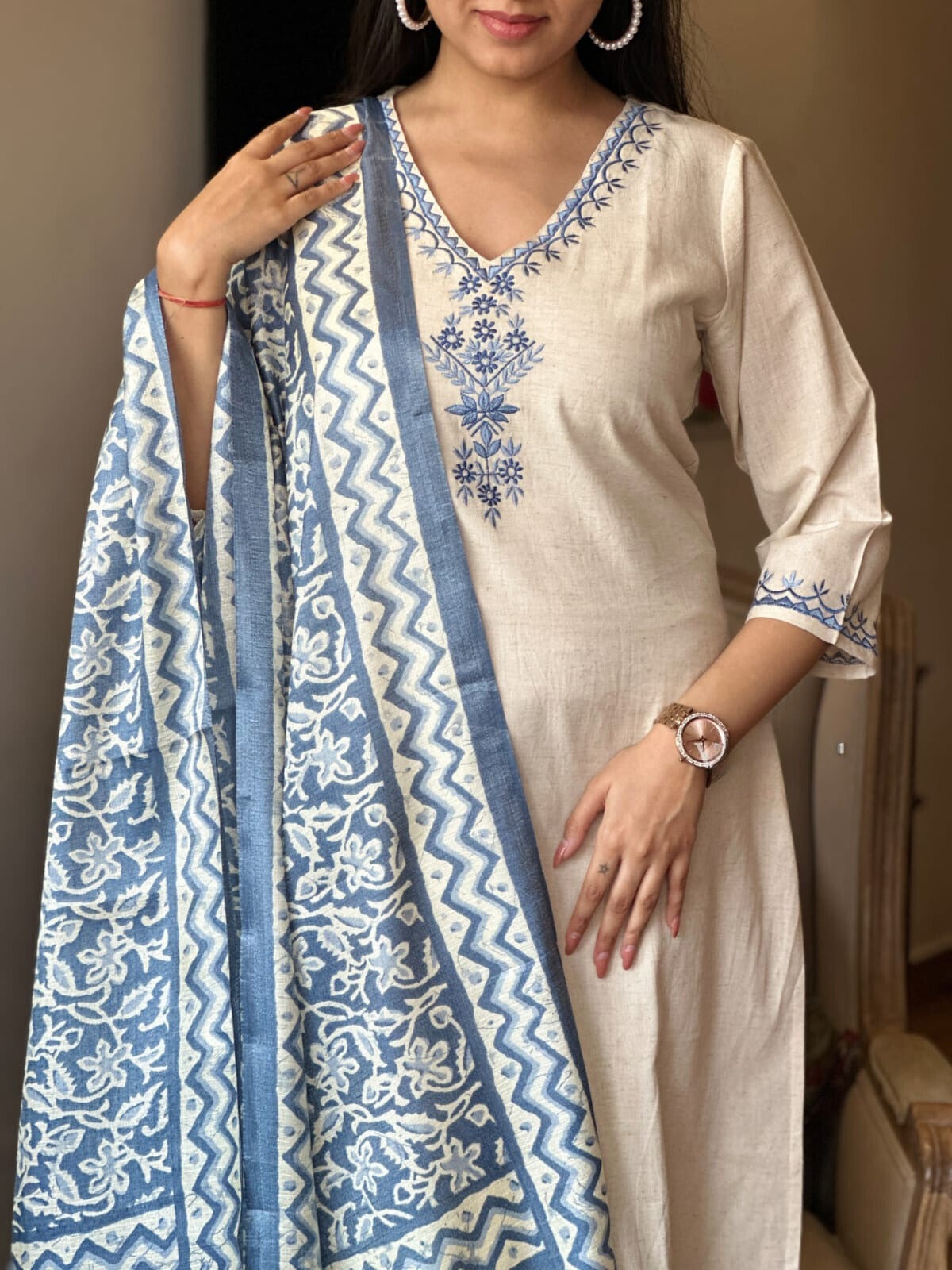 Women's Cotton Embroiderd Straight Kurti with Pant and Printed Dupatta Set