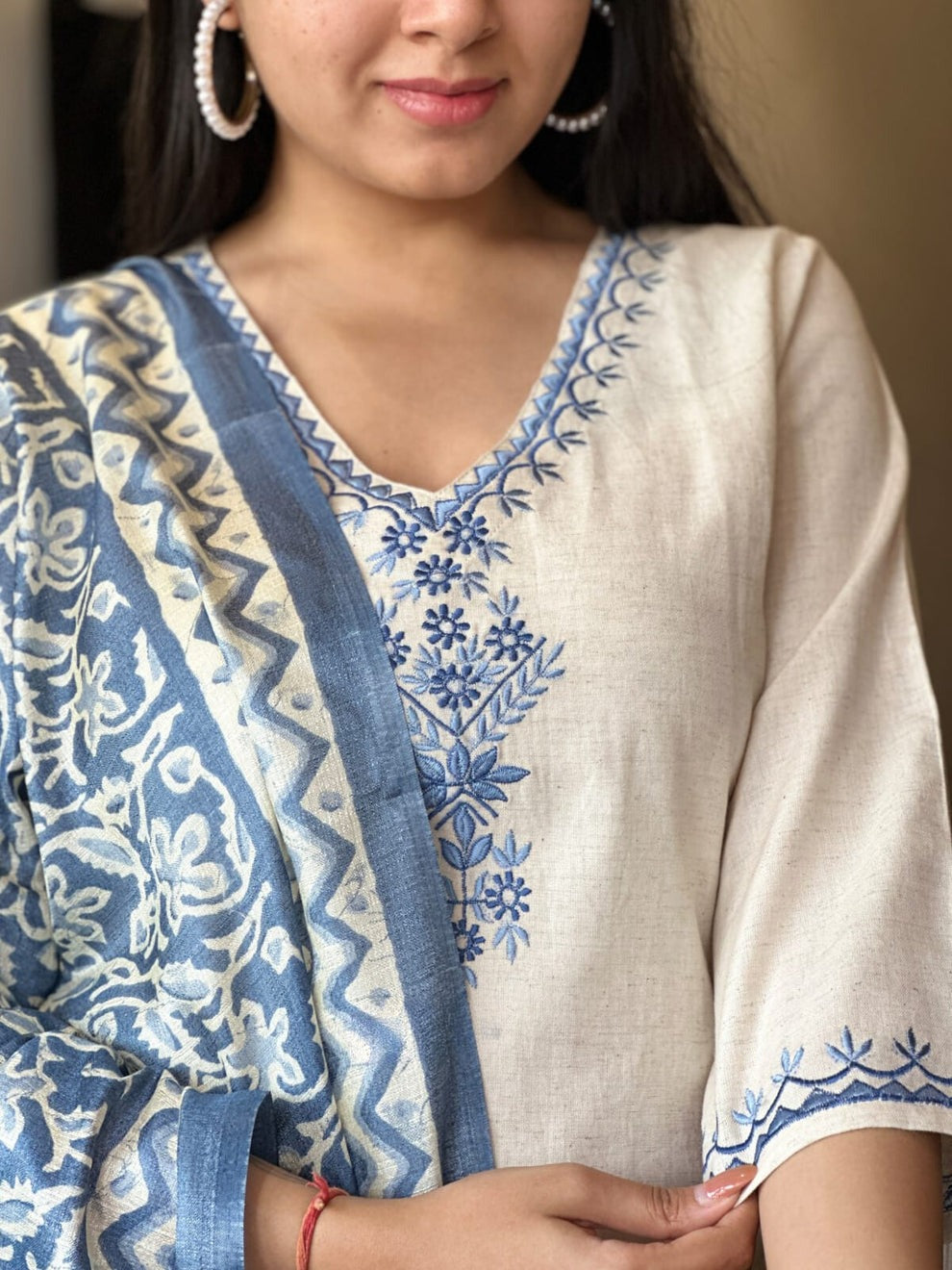 Women's Cotton Embroiderd Straight Kurti with Pant and Printed Dupatta Set