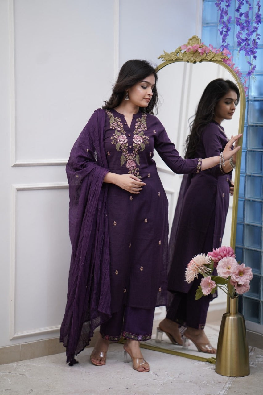 Embroidered Cotton Suit Set with Dupatta