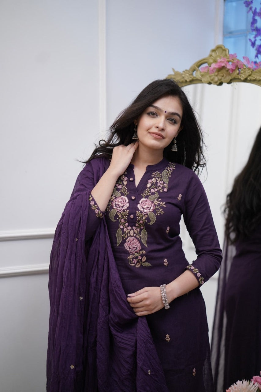 Embroidered Cotton Suit Set with Dupatta