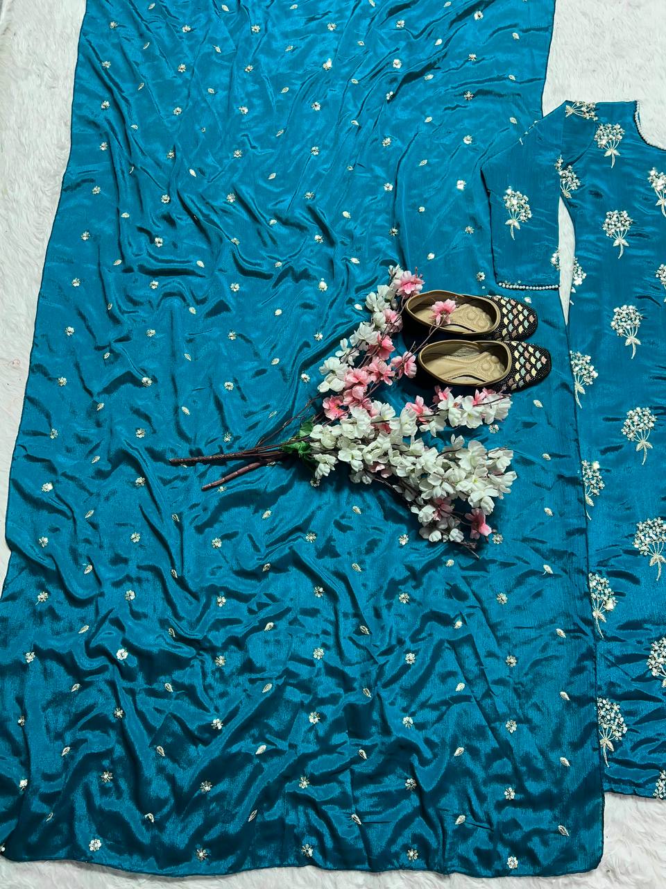 Elegant Designer Long Top, Pant, and Dupatta Set with Heavy Embroidery