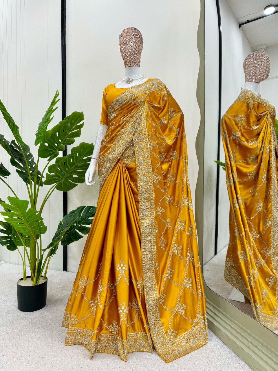 Mustard Yellow Saree With Gold Embroidered Border