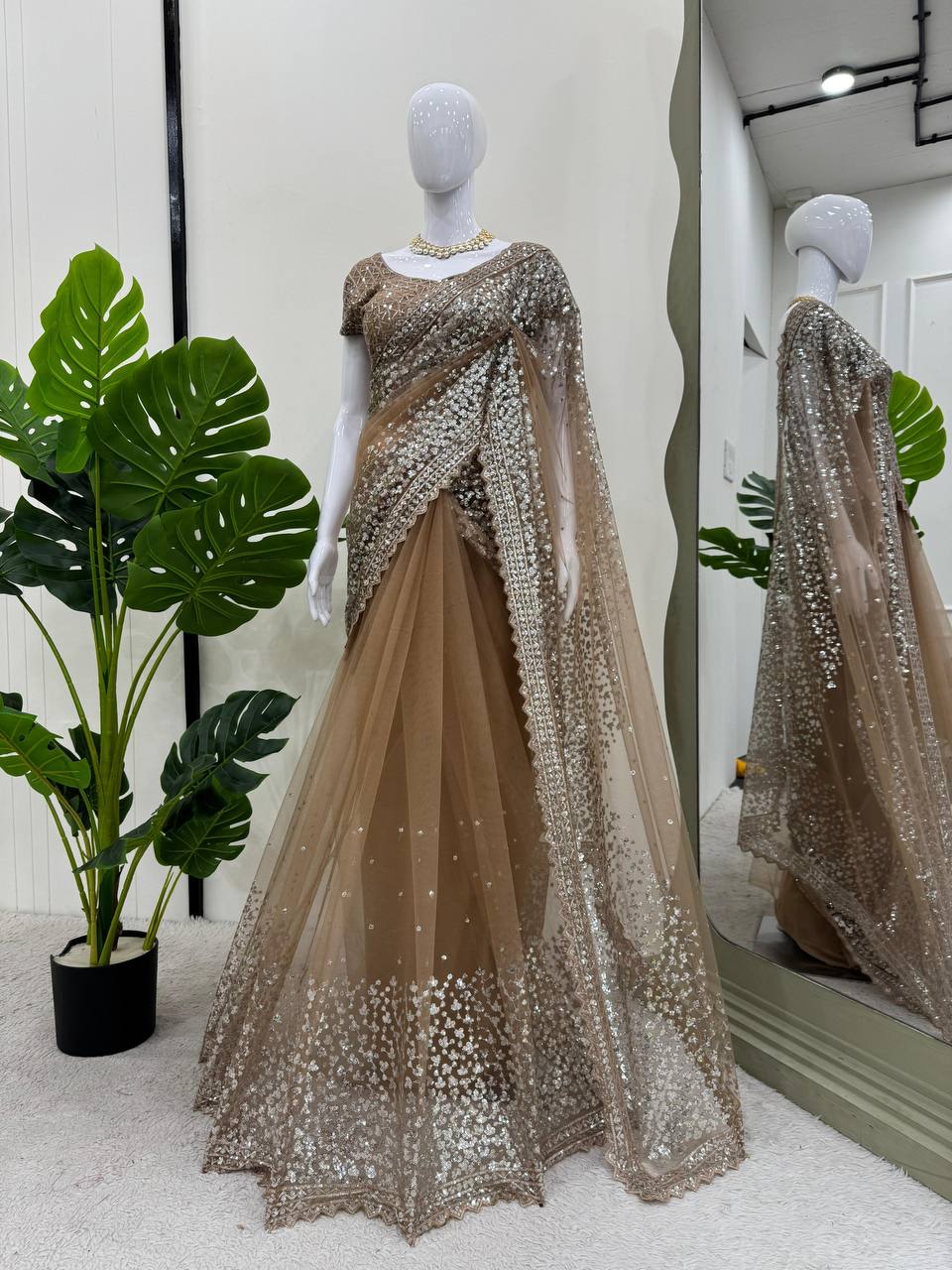 Brown Sequined Saree With Lace Trim