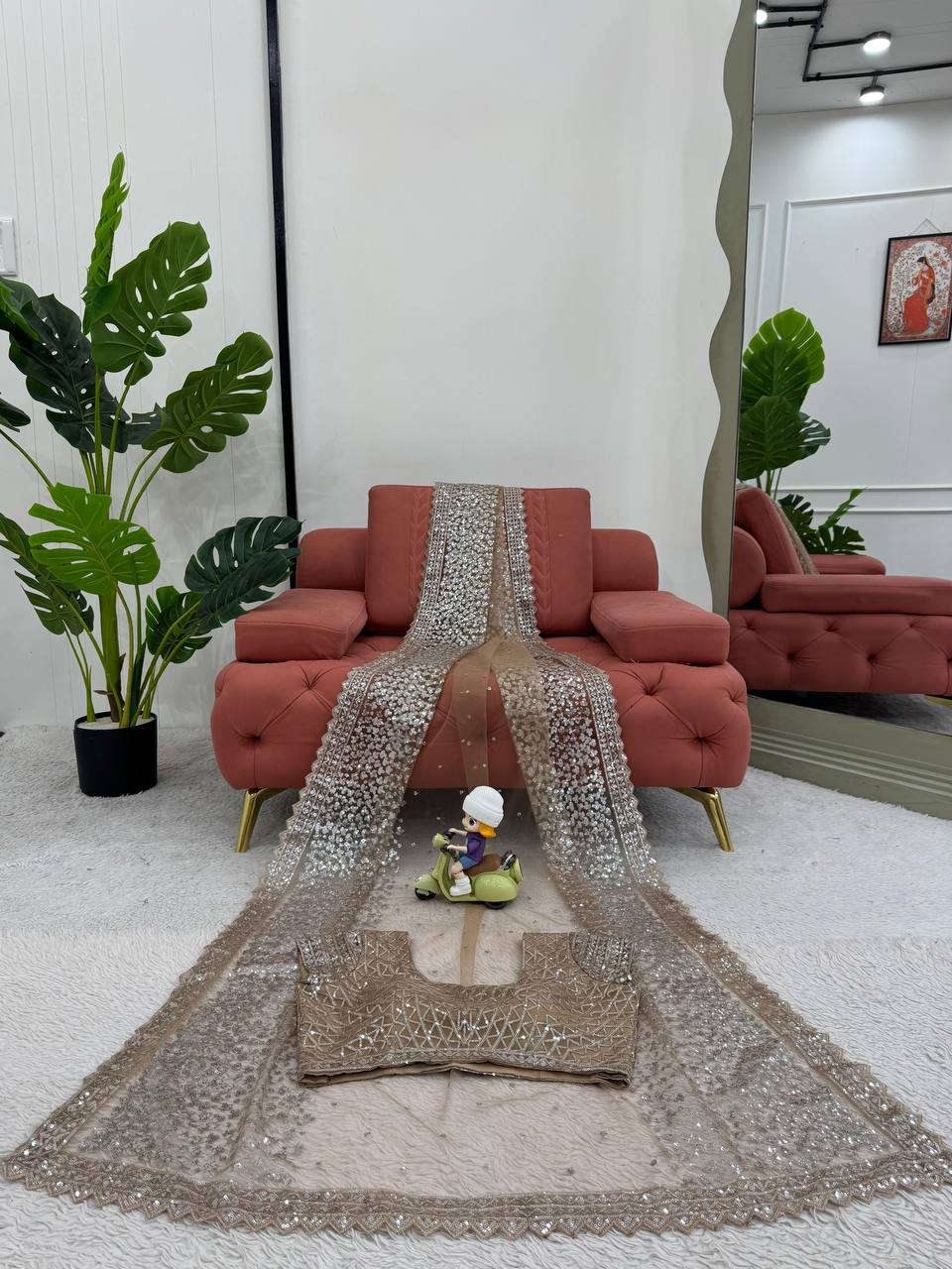 Brown Sequined Saree With Lace Trim