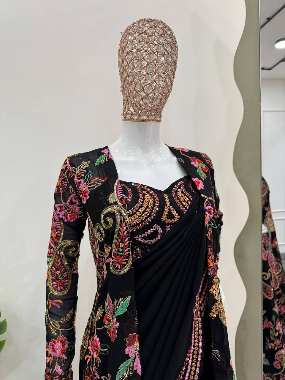 Black Embroidered Saree With Matching Crop Top