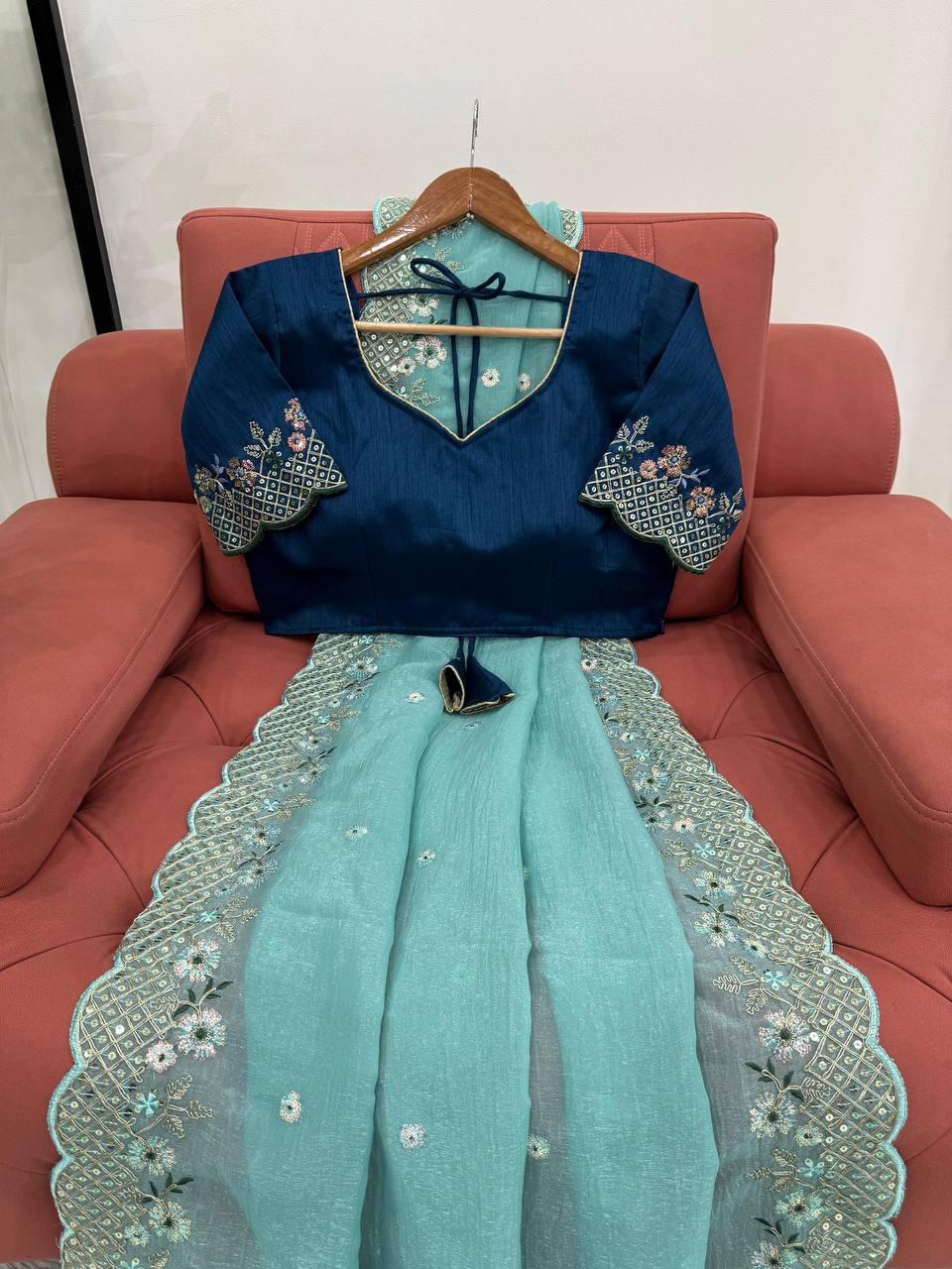 Teal Suit With Floral Embellishments