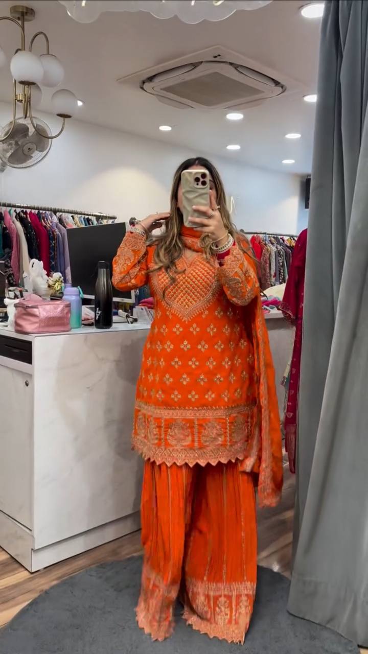 Designer Party Wear Top, Sharara Palazzo and Dupatta