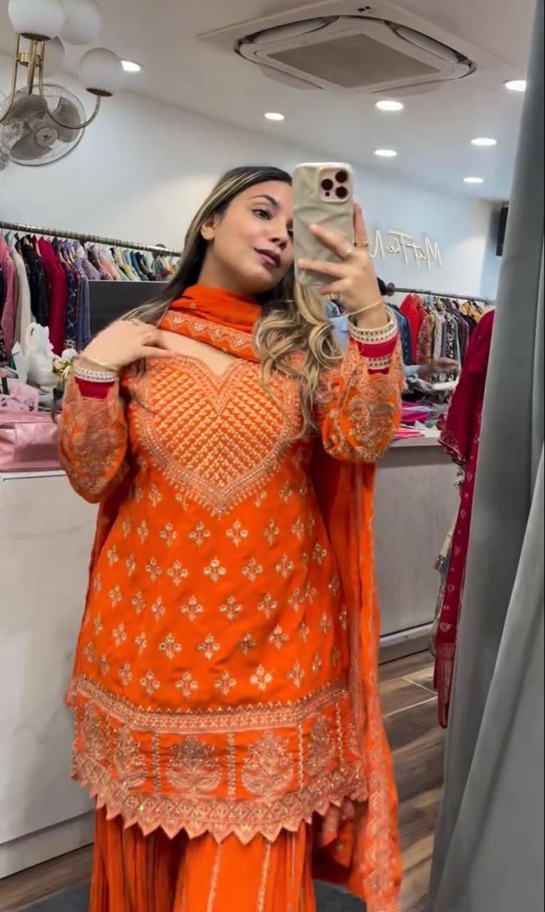 Designer Party Wear Top, Sharara Palazzo and Dupatta
