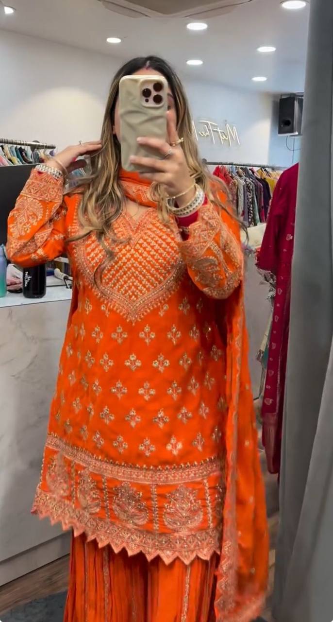 Designer Party Wear Top, Sharara Palazzo and Dupatta