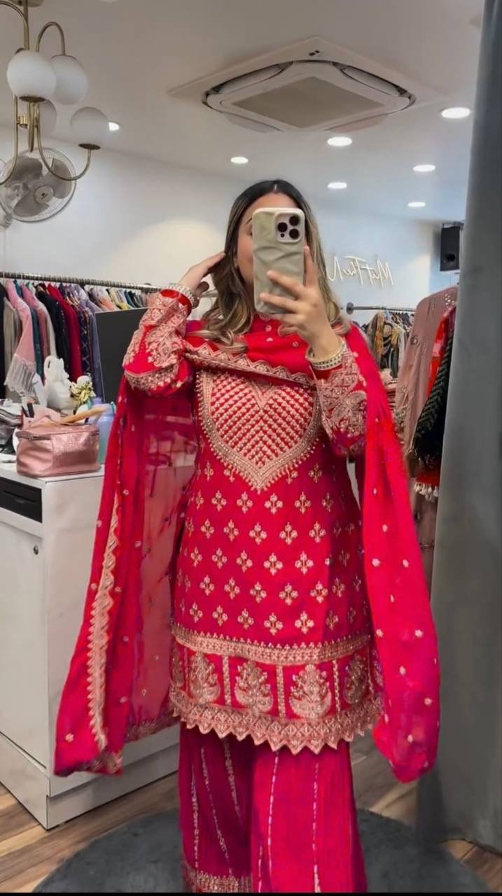Designer Party Wear Top, Sharara Palazzo and Dupatta