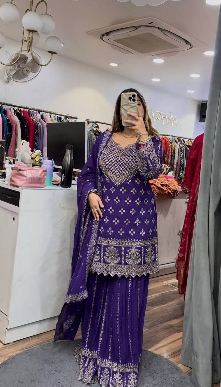 Designer Party Wear Top, Sharara Palazzo and Dupatta