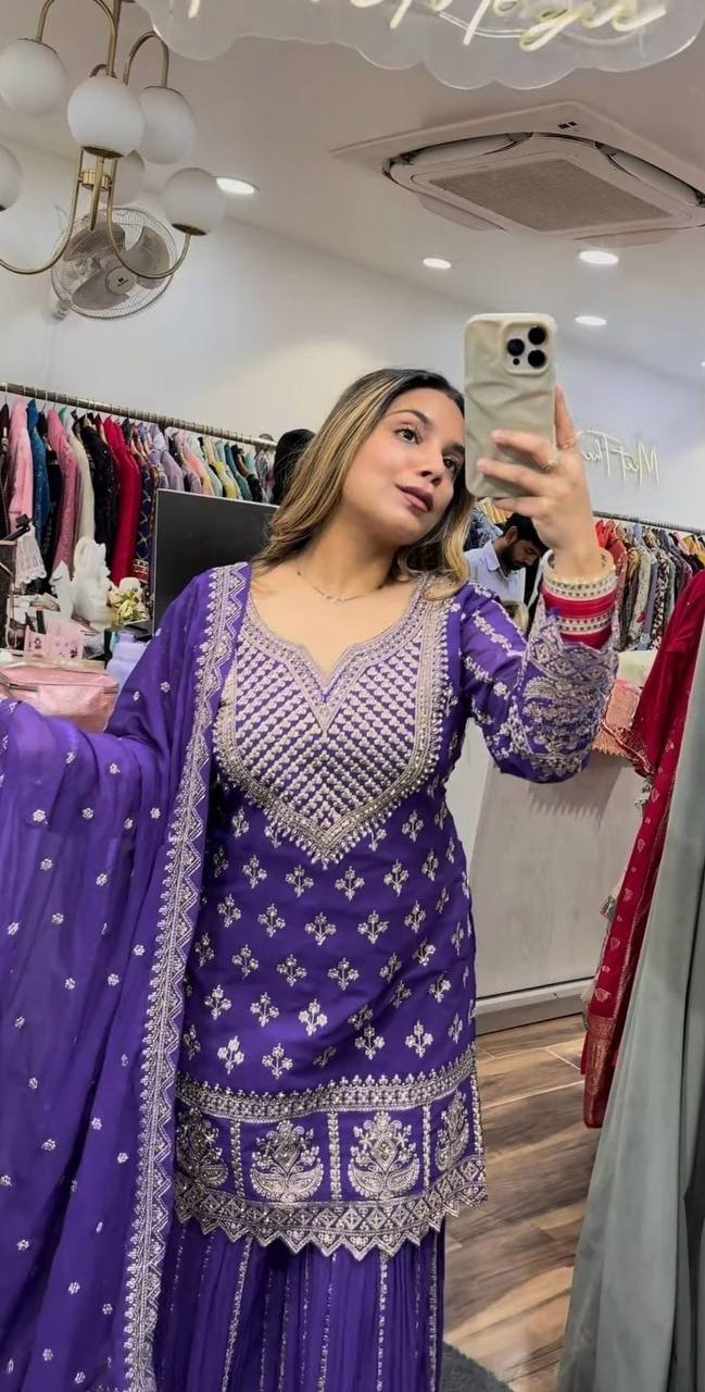 Designer Party Wear Top, Sharara Palazzo and Dupatta