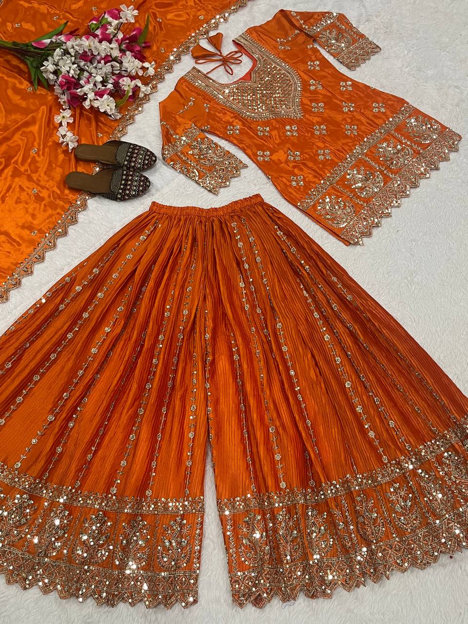 Designer Party Wear Top, Sharara Palazzo and Dupatta