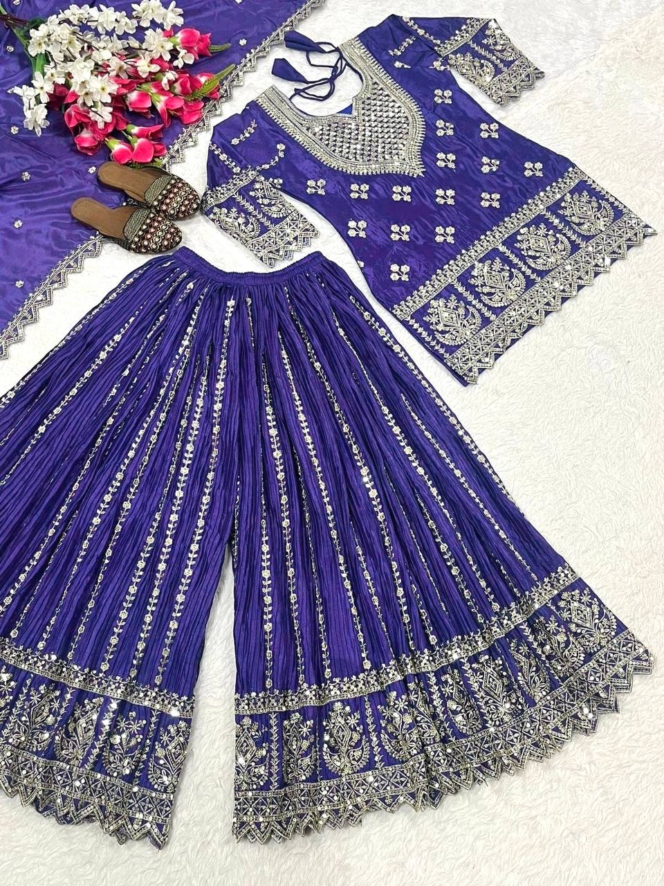 Designer Party Wear Top, Sharara Palazzo and Dupatta
