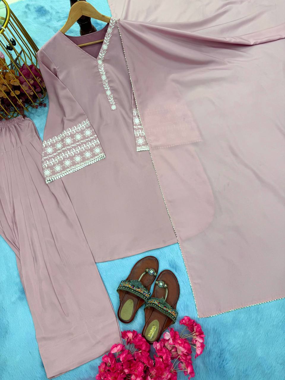 Natural Satin with Elastic Waist Kurta Palazzo set