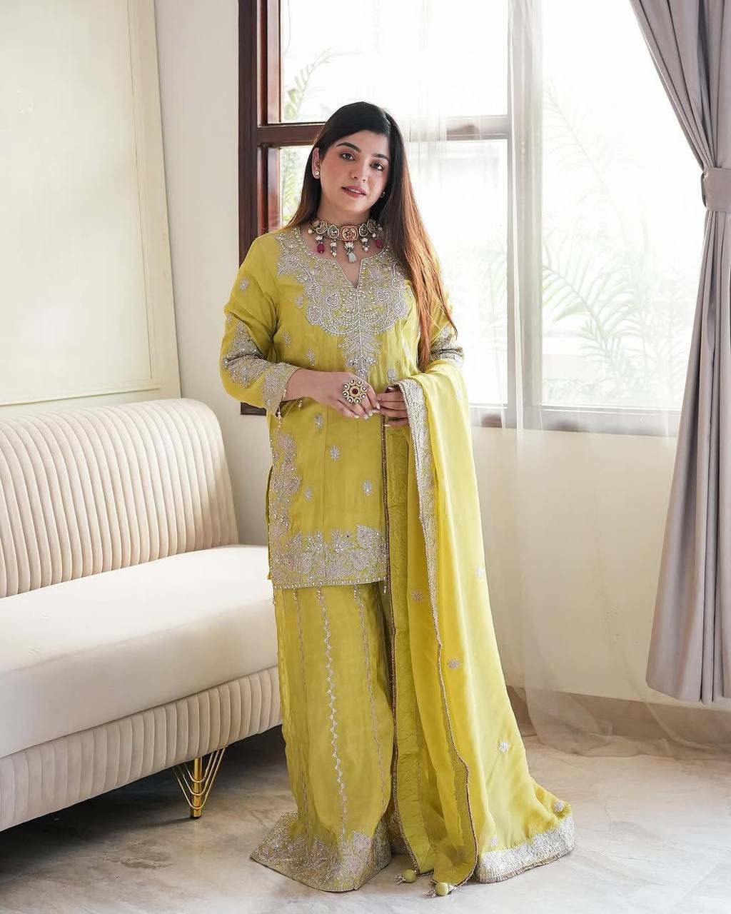 New Heavy Embroidery Sequence Work Top-Gharara And Dupatta Set Fully Stitched Ready To Wear Collection