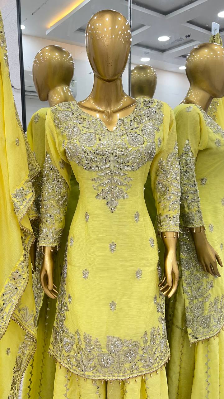 New Heavy Embroidery Sequence Work Top-Gharara And Dupatta Set Fully Stitched Ready To Wear Collection