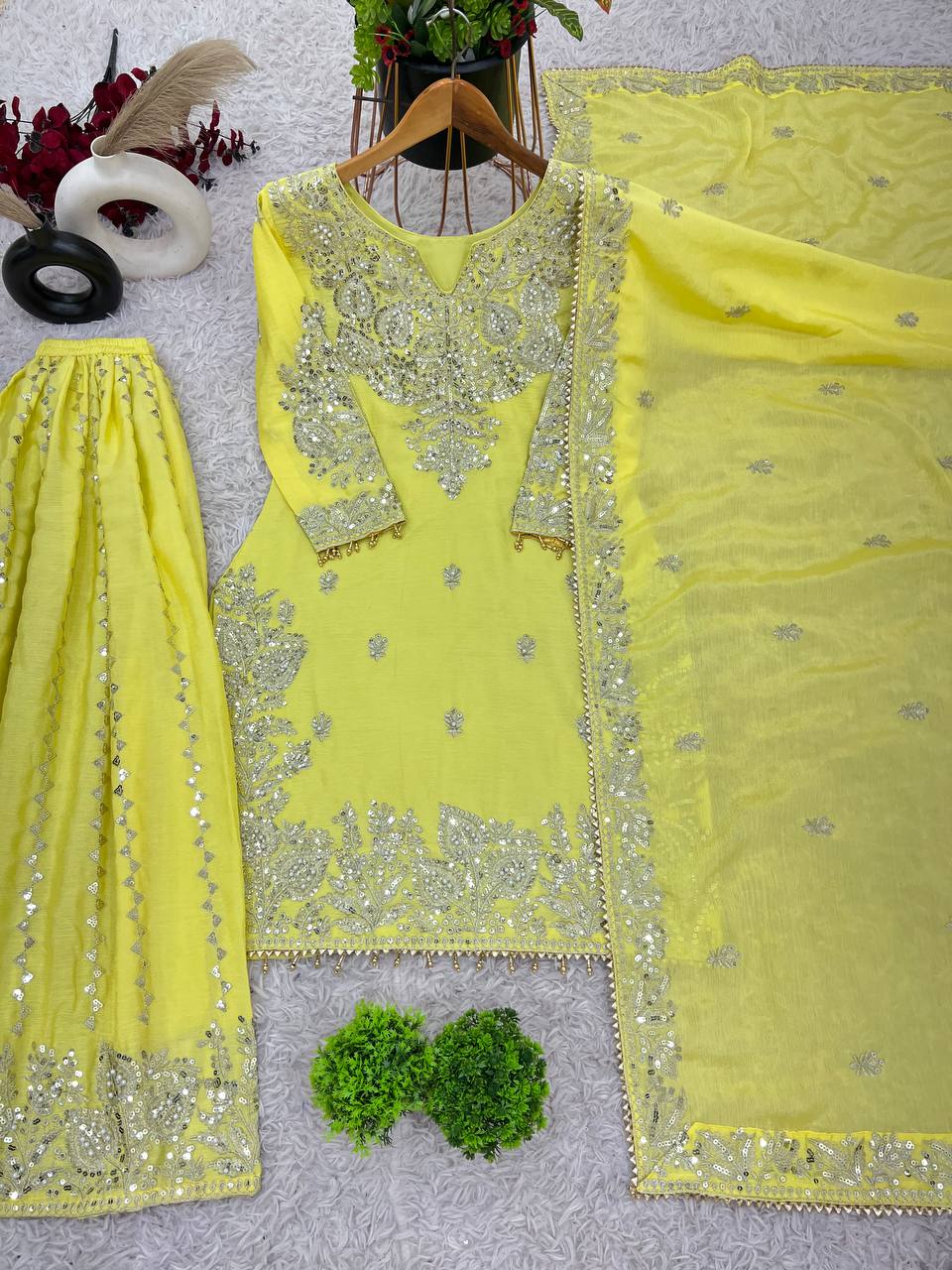 New Heavy Embroidery Sequence Work Top-Gharara And Dupatta Set Fully Stitched Ready To Wear Collection