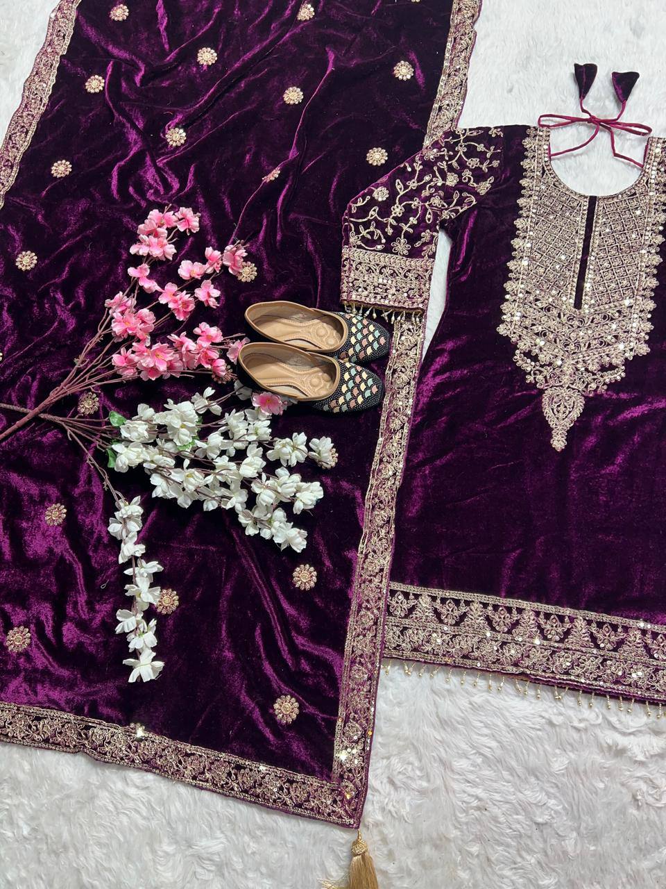 "Luxurious Heavy Viscose Velvet Suit Set with Intricate Embroidery & Full Sleeve Detailing"