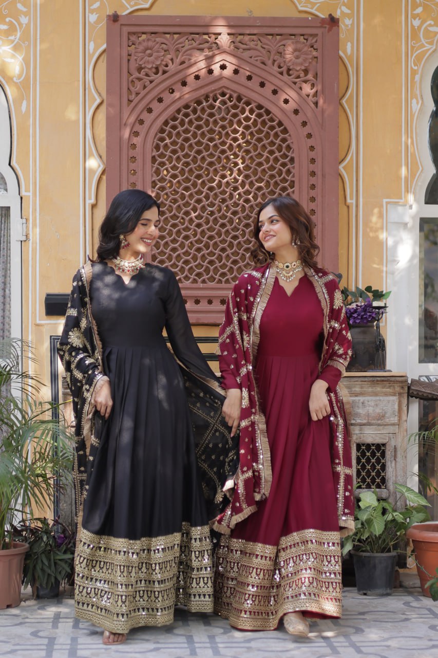 "Luxurious Star Georgette Sequins Embroidered Gown with Designer Dupatta"