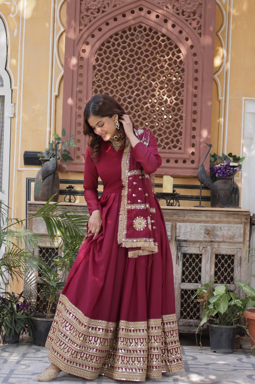 "Luxurious Star Georgette Sequins Embroidered Gown with Designer Dupatta"