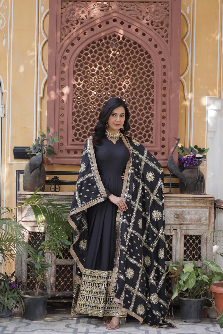 "Luxurious Star Georgette Sequins Embroidered Gown with Designer Dupatta"