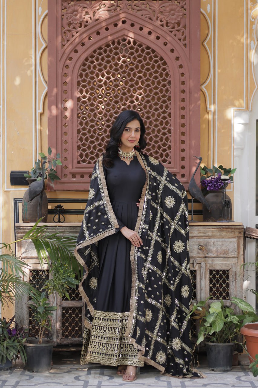 "Luxurious Star Georgette Sequins Embroidered Gown with Designer Dupatta"