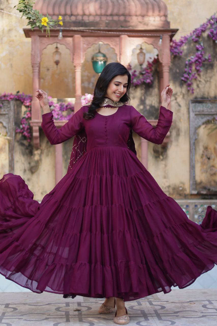 "Elegant Star Georgette Gown with Sequins Embroidered Dupatta – Available in 4 Colours"