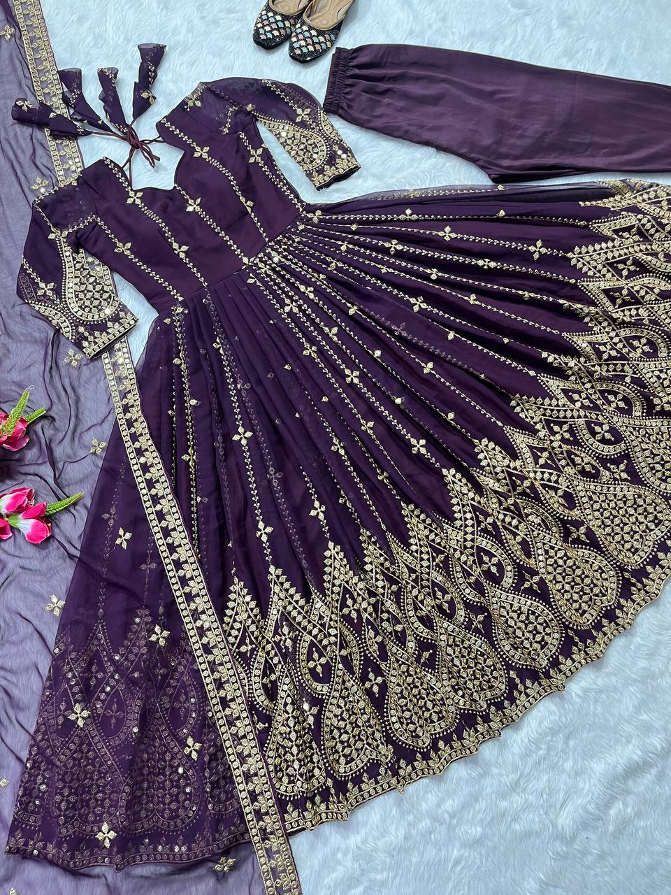 "Elegant Heavy Faux Georgette Anarkali Set with Sequence & Embroidery Work β Includes Dupatta, Pants, and Inner"