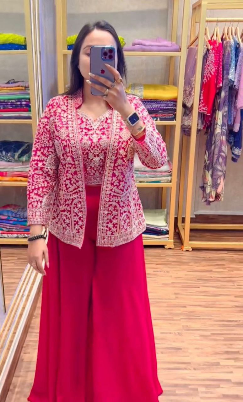"Elegant Heavy Georgette Plazzo Set with Embroidered Blouse & Koti"