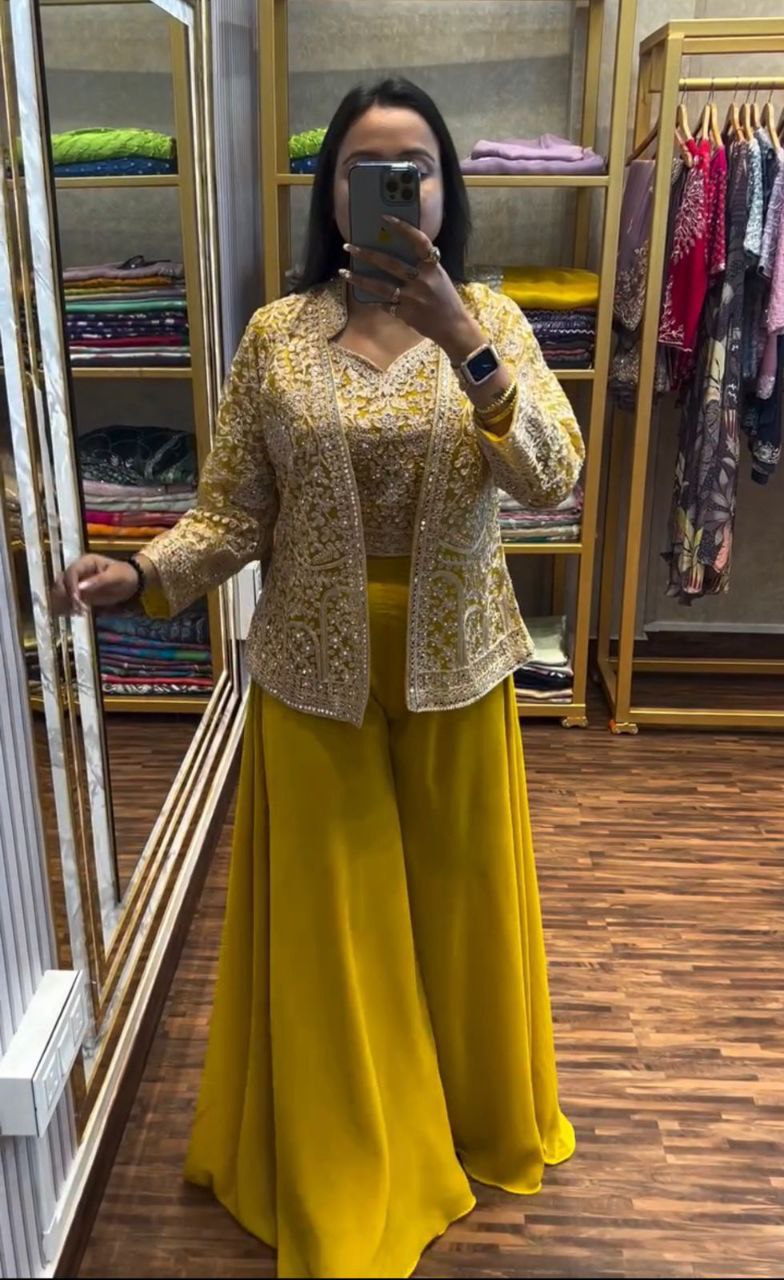 "Elegant Heavy Georgette Plazzo Set with Embroidered Blouse & Koti"