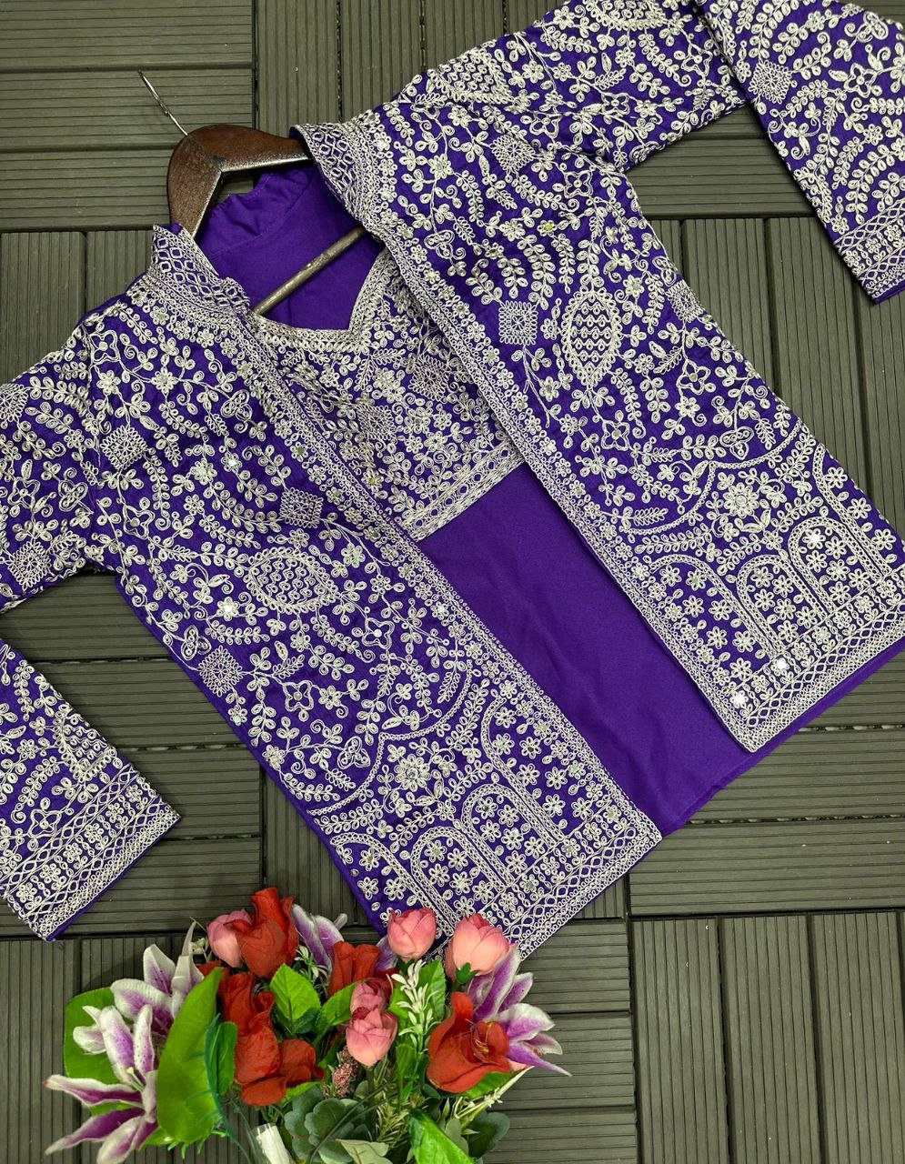 "Elegant Heavy Georgette Plazzo Set with Embroidered Blouse & Koti"