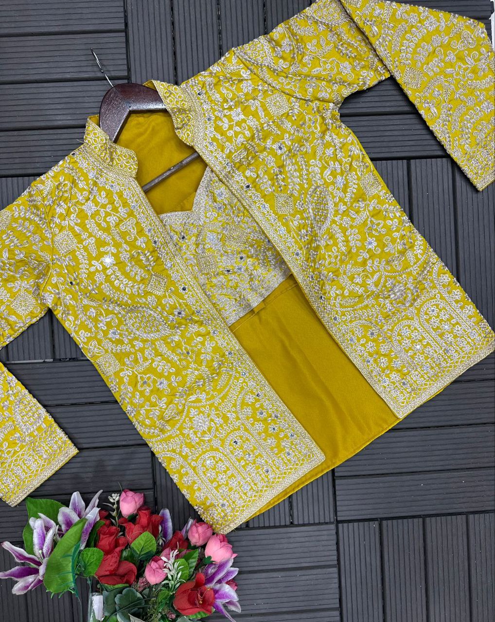 "Elegant Heavy Georgette Plazzo Set with Embroidered Blouse & Koti"
