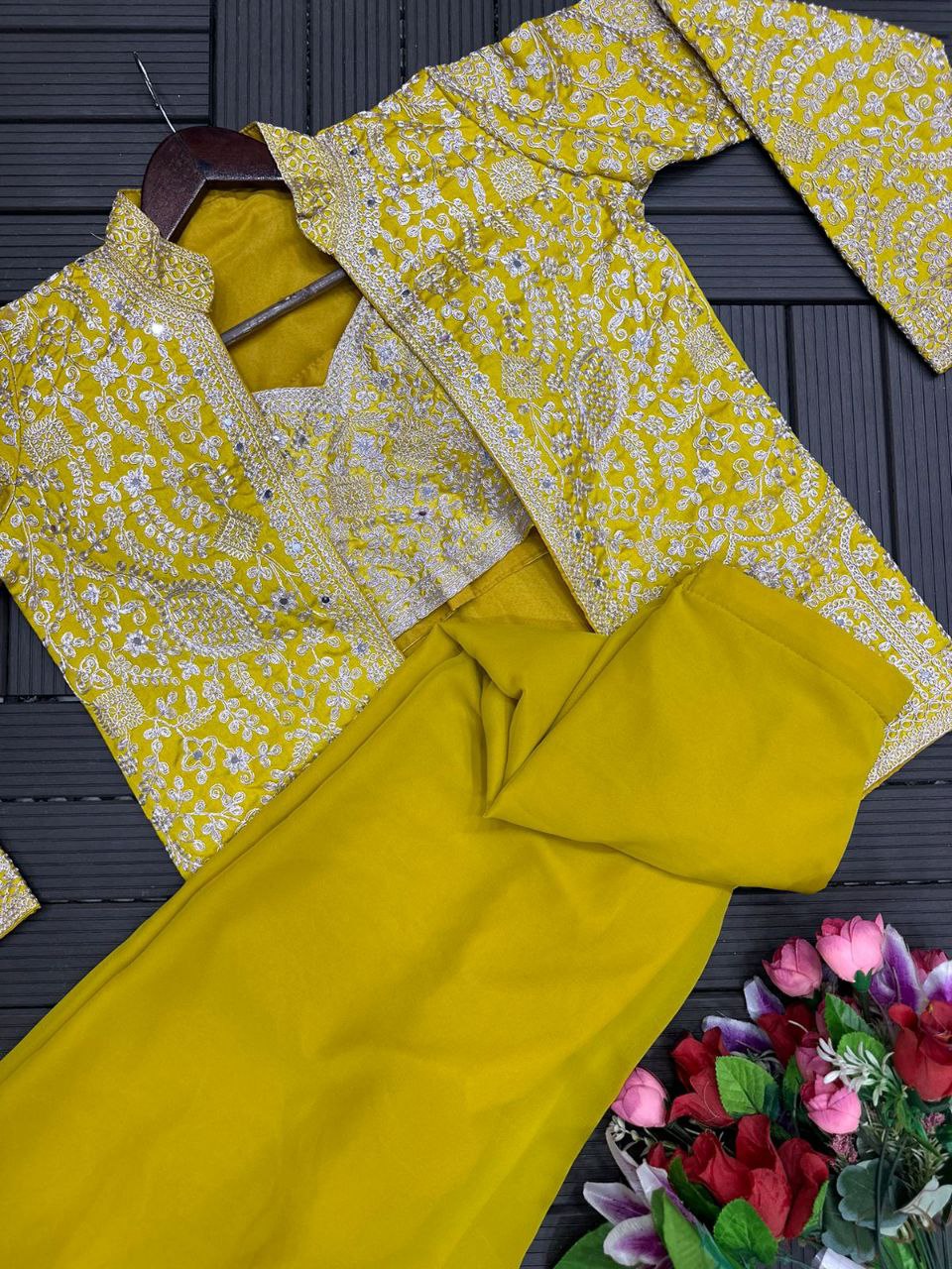 "Elegant Heavy Georgette Plazzo Set with Embroidered Blouse & Koti"