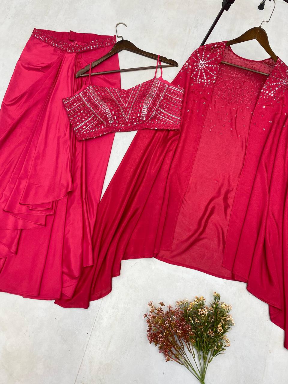 "Elegant French Silk Ensemble with Sequence Embroidery"
