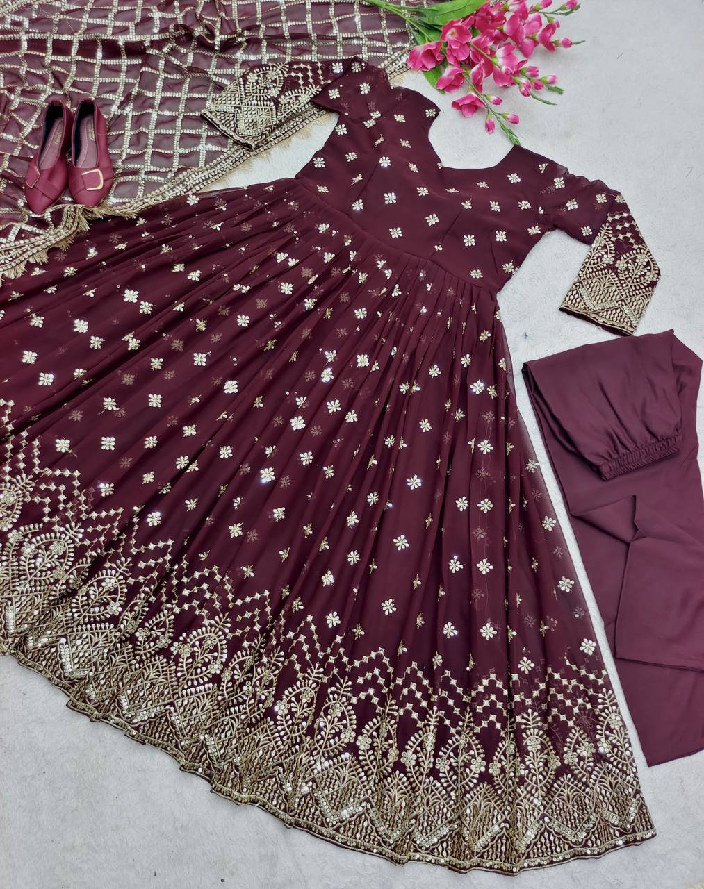 "Heavy Fox Georgette Gown Set with Sequins Embroidery, Pant & Dupatta β Fully Stitched"