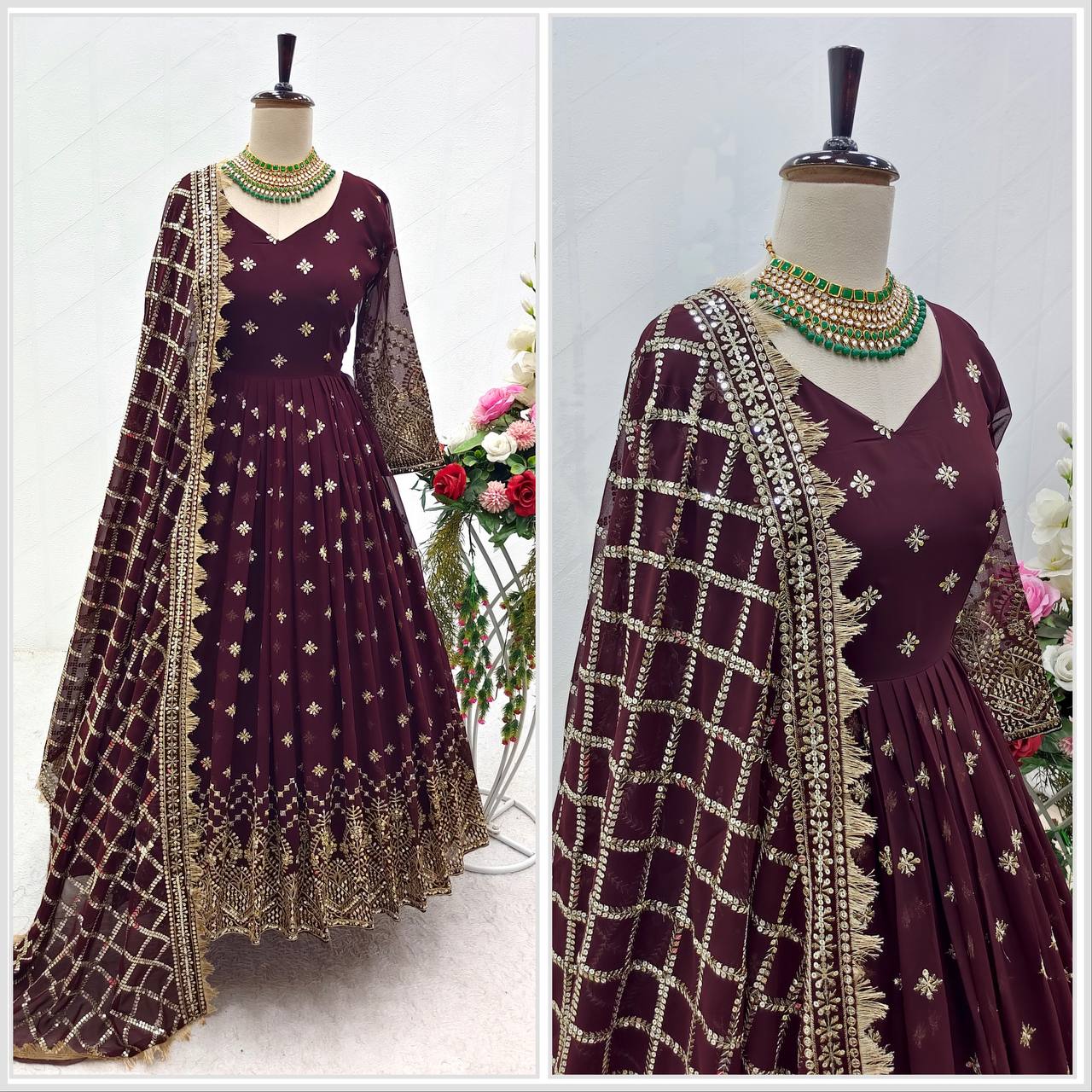 "Heavy Fox Georgette Gown Set with Sequins Embroidery, Pant & Dupatta β Fully Stitched"