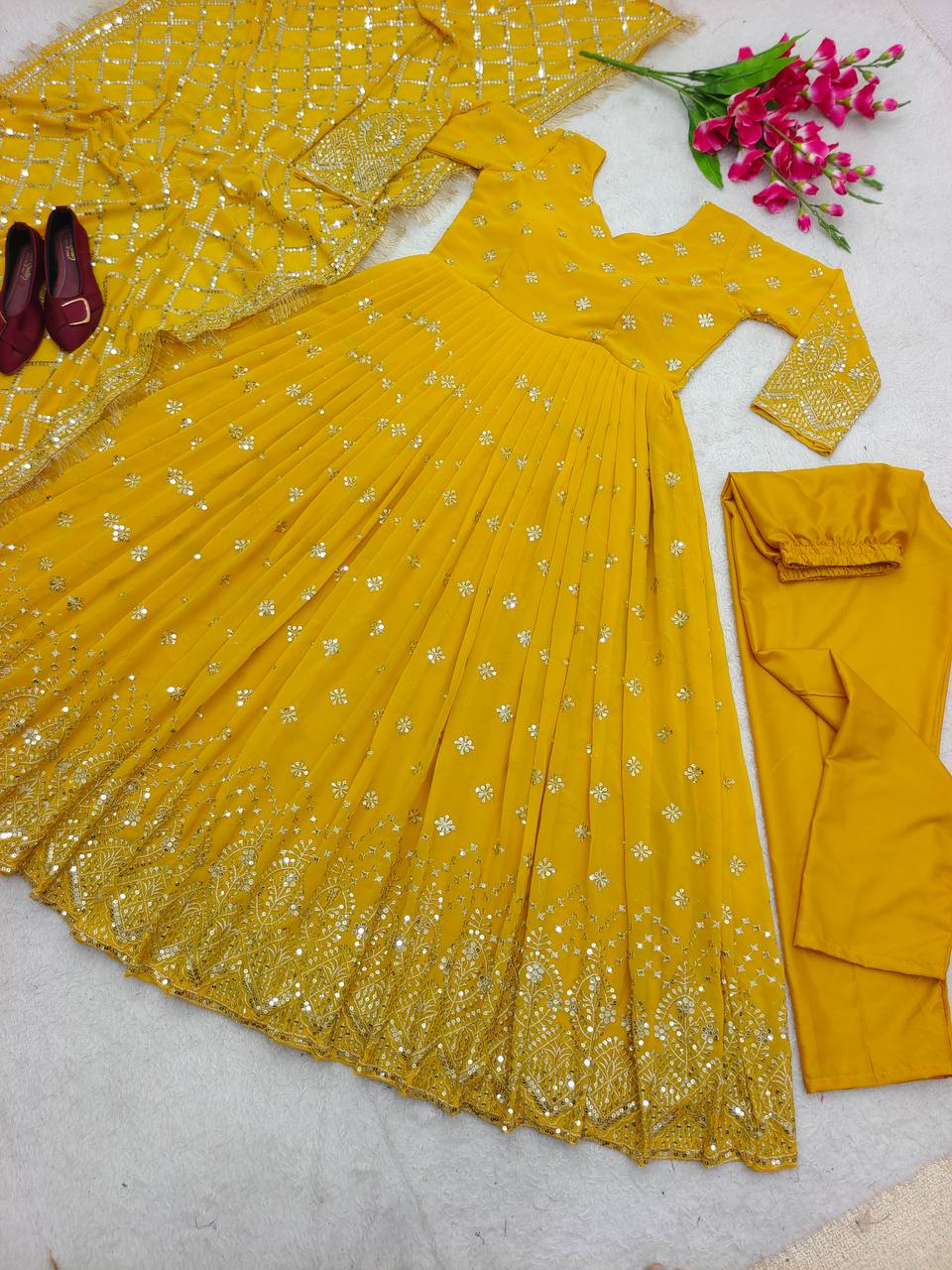 "Heavy Fox Georgette Gown Set with Sequins Embroidery, Pant & Dupatta β Fully Stitched"