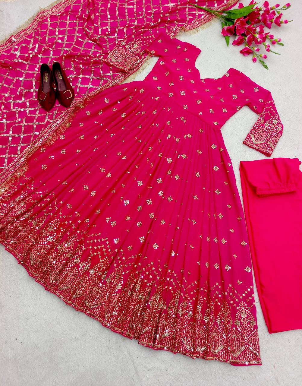 "Heavy Fox Georgette Gown Set with Sequins Embroidery, Pant & Dupatta β Fully Stitched"